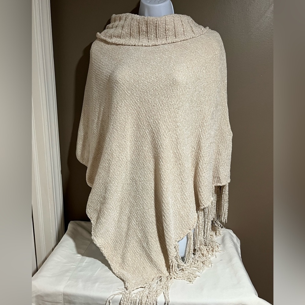 Cream Knit Poncho with Fringe